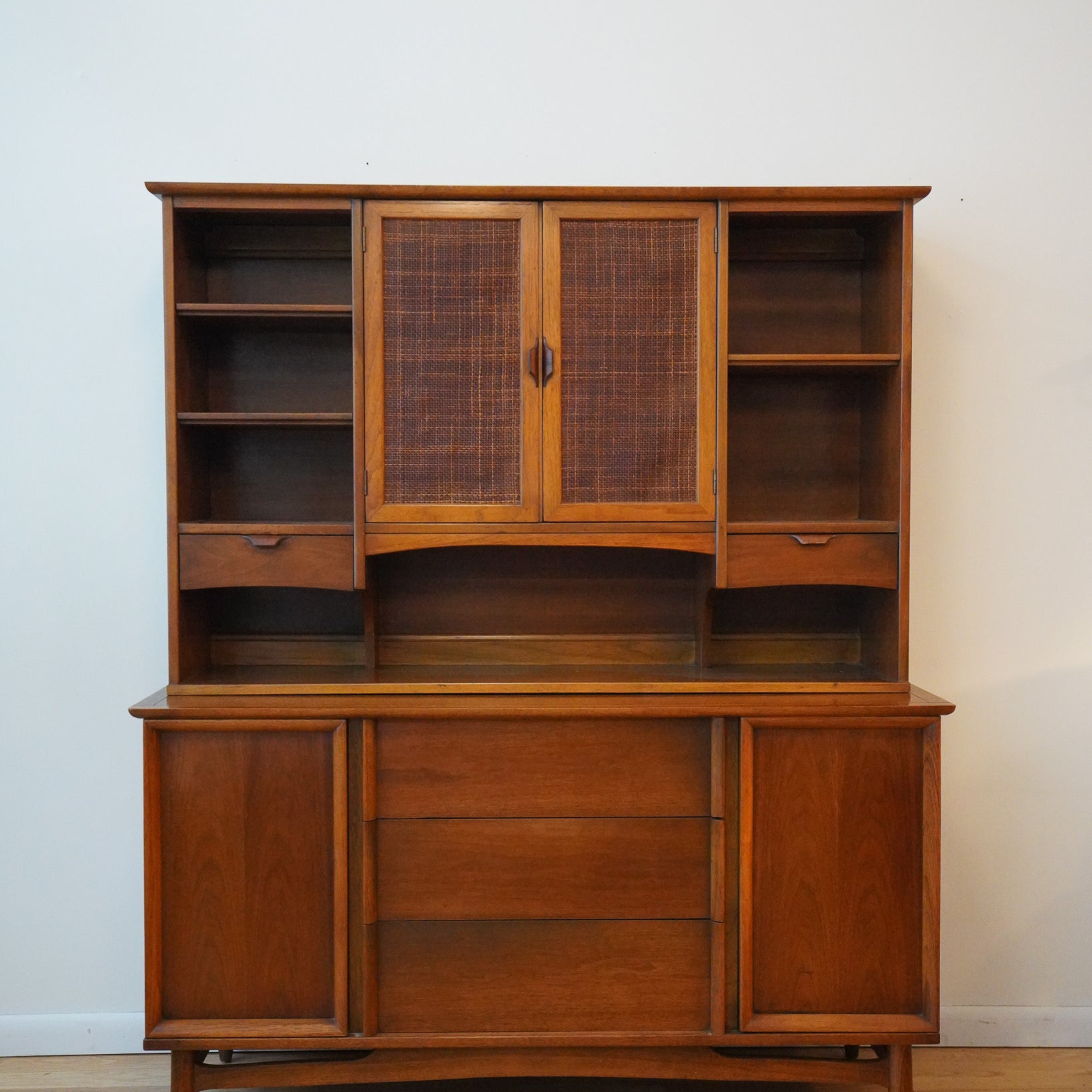 Two-piece Mid-century Cane & Wood Hutch