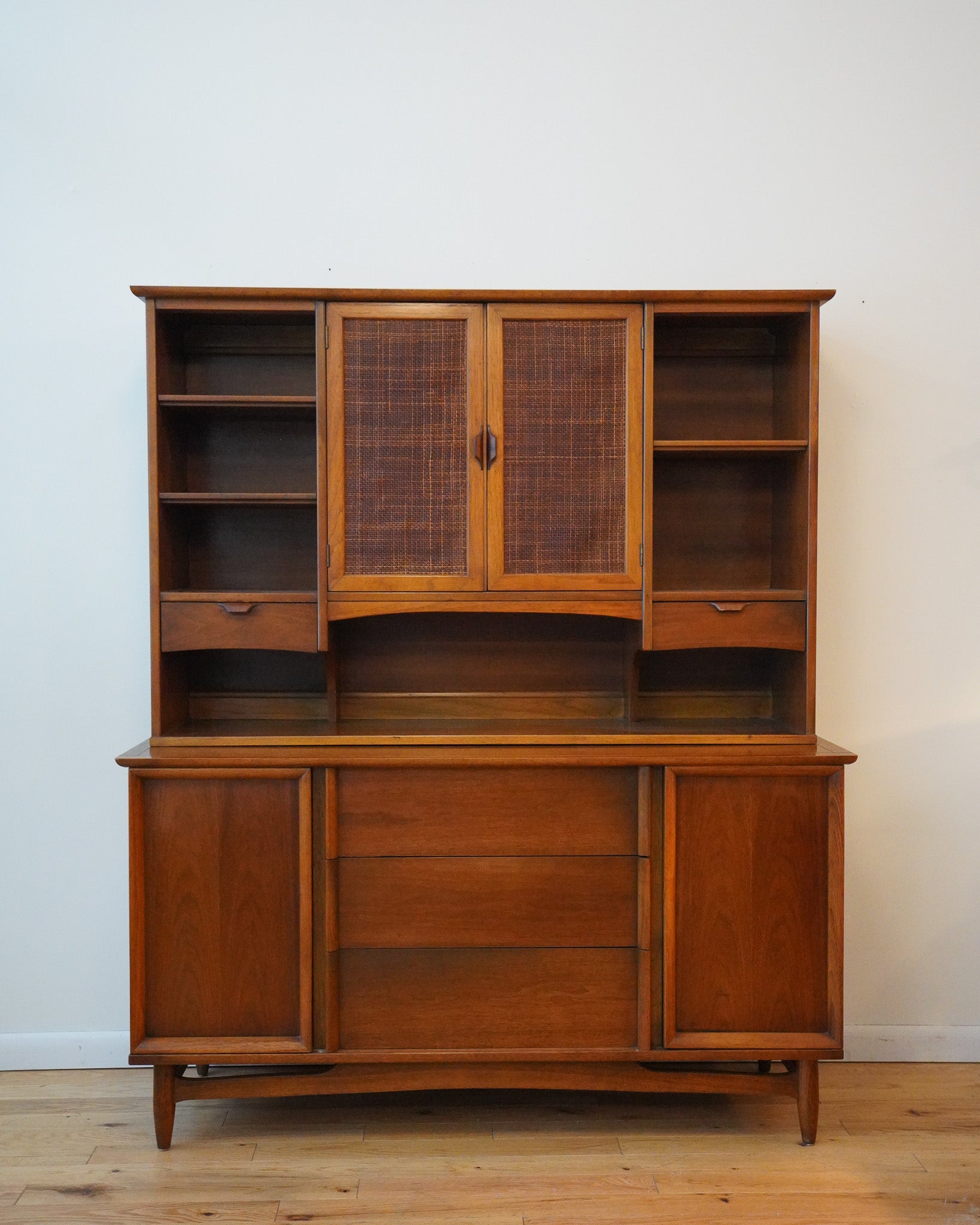 Two-piece Mid-century Cane & Wood Hutch
