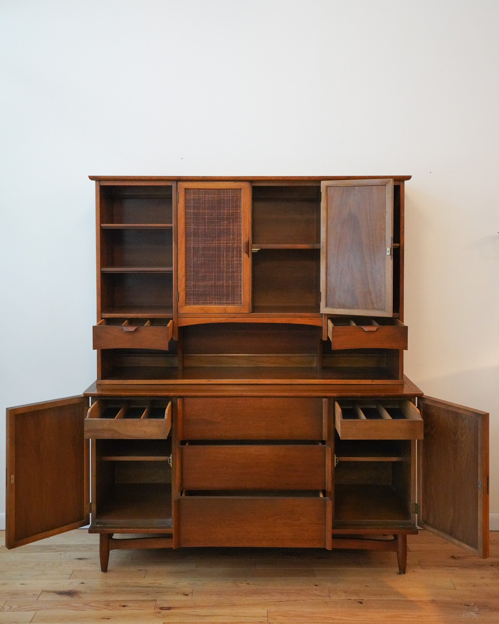 Two-piece Mid-century Cane & Wood Hutch