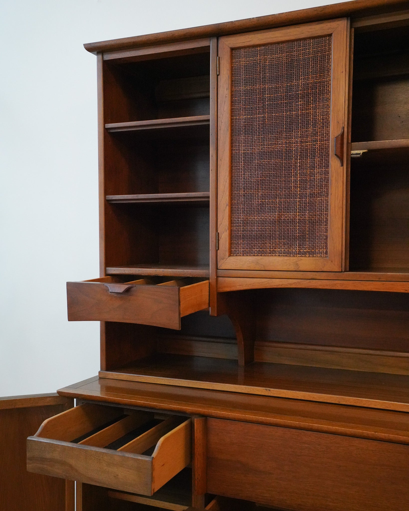 Two-piece Mid-century Cane & Wood Hutch
