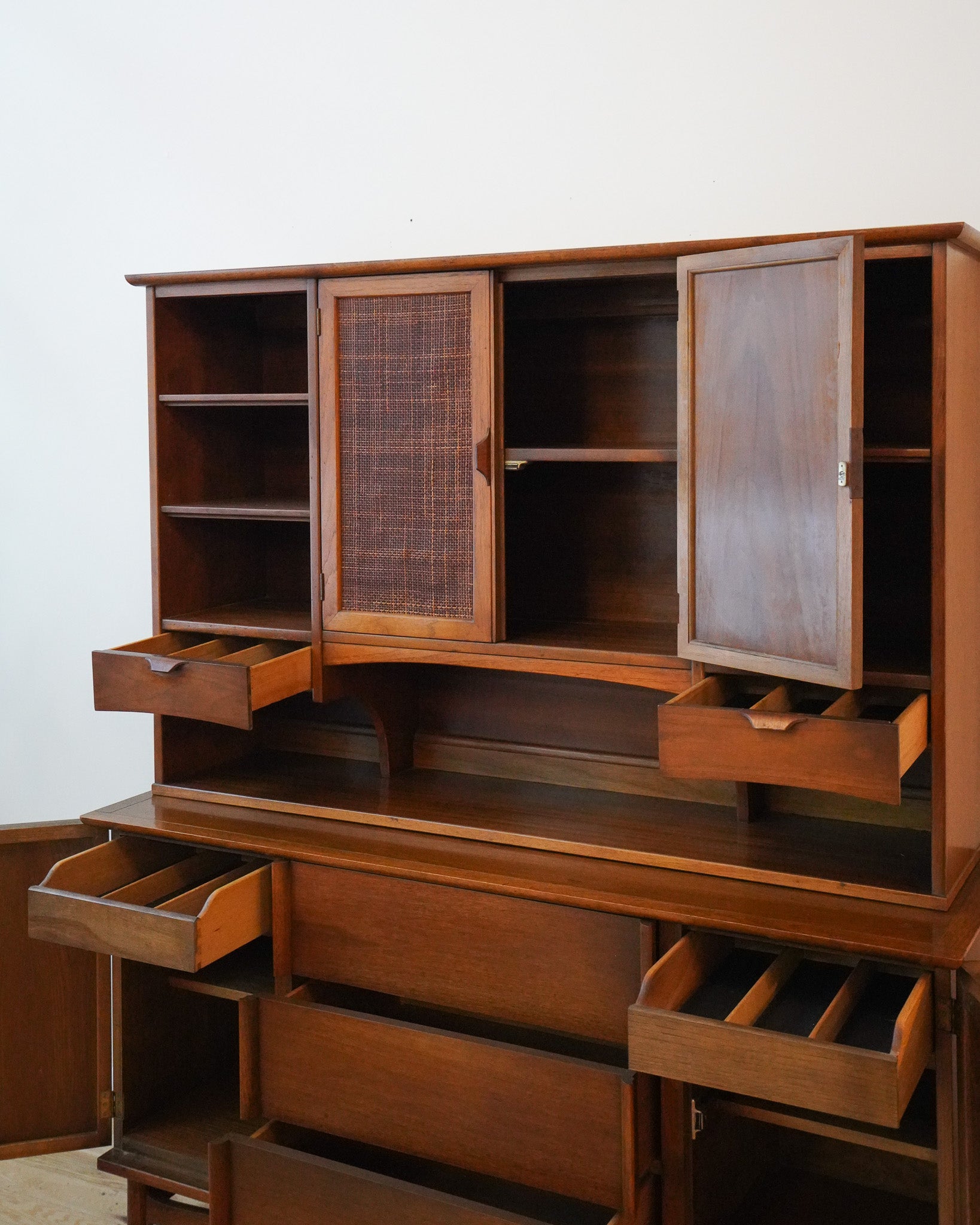 Two-piece Mid-century Cane & Wood Hutch