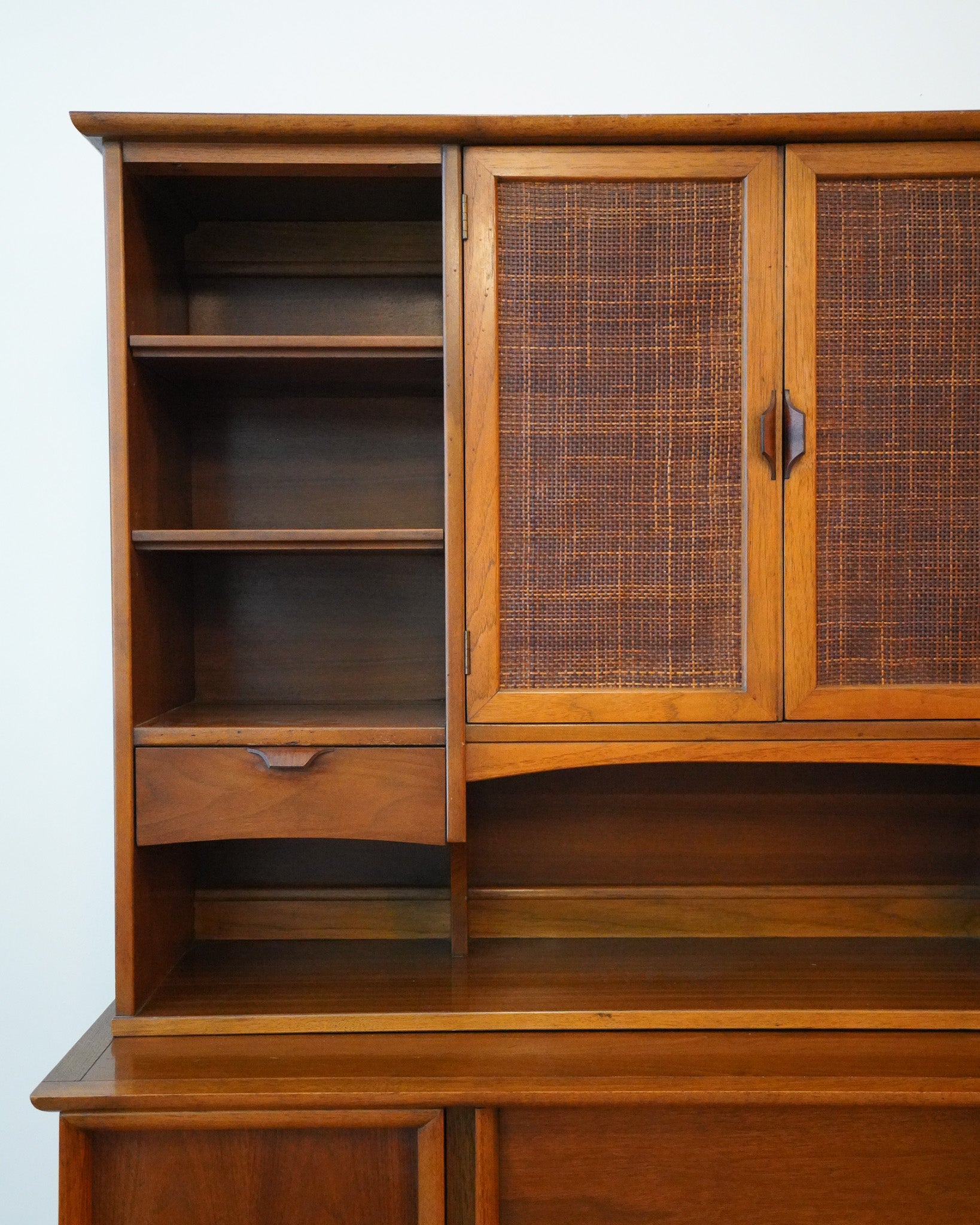 Two-piece Mid-century Cane & Wood Hutch