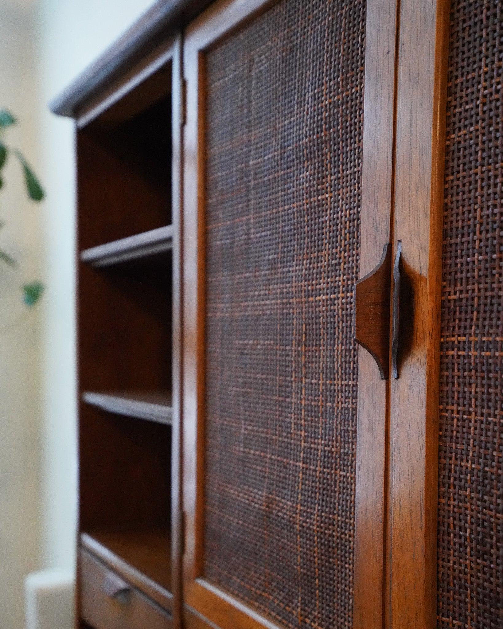 Two-piece Mid-century Cane & Wood Hutch